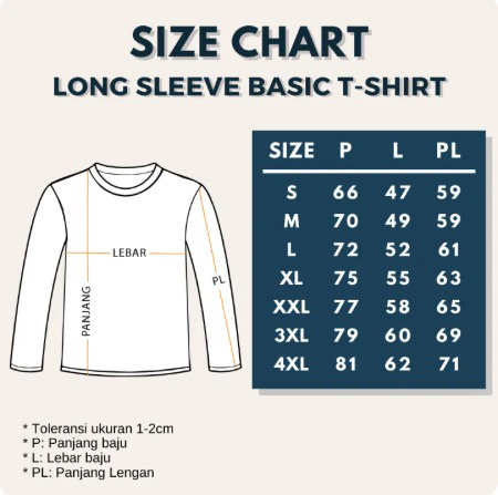 Panduan ukuran kaos lengan panjang